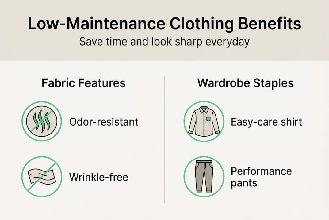 Infographic summarizing low-maintenance clothing essentials