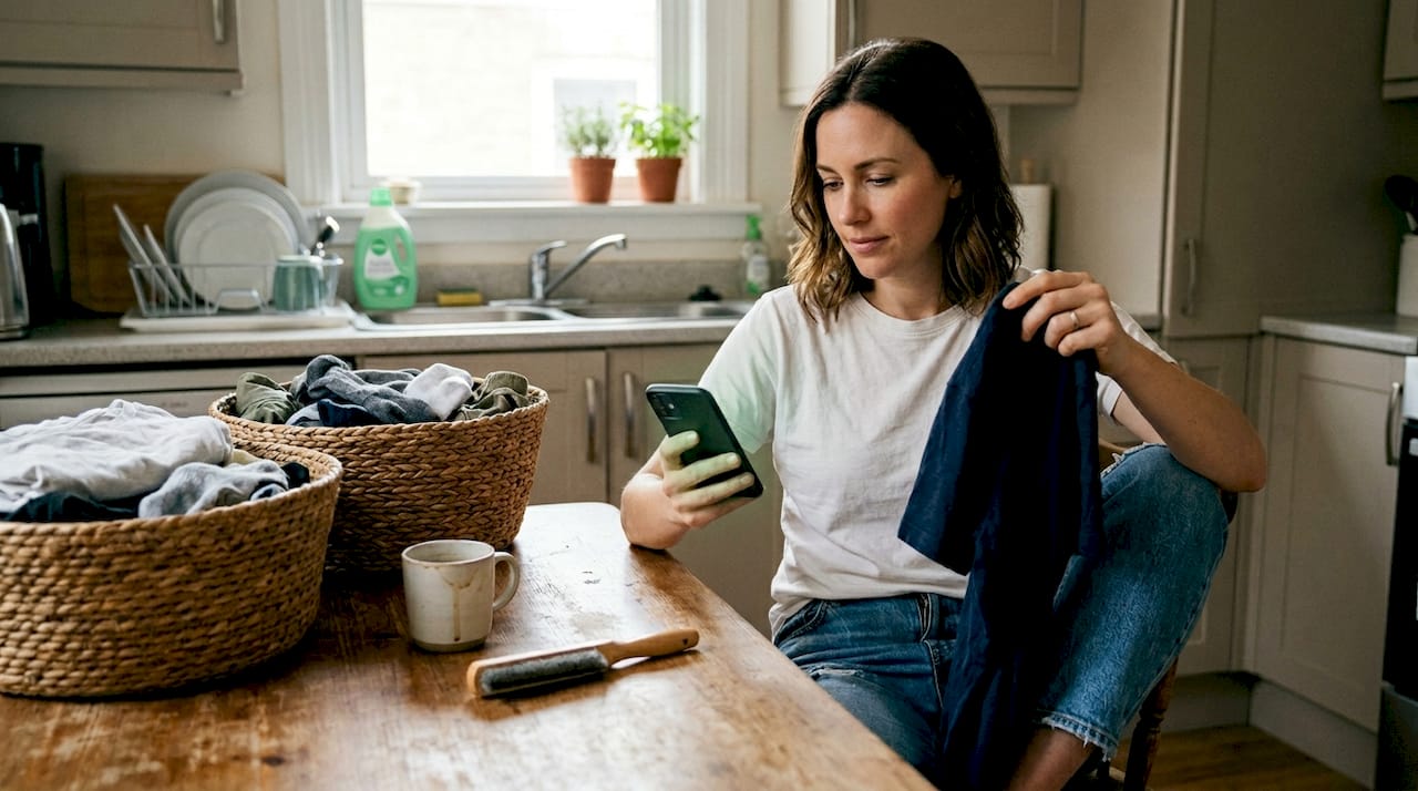 Woman folding wrinkle-free shirt in kitchen