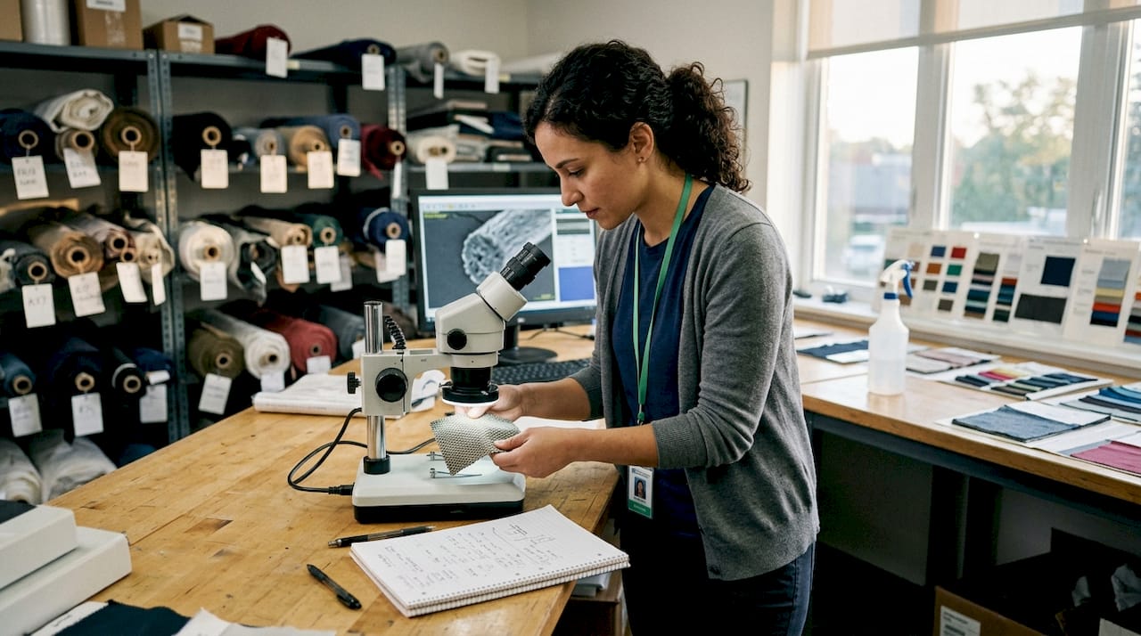 Textile engineer examining synthetic fabrics in lab