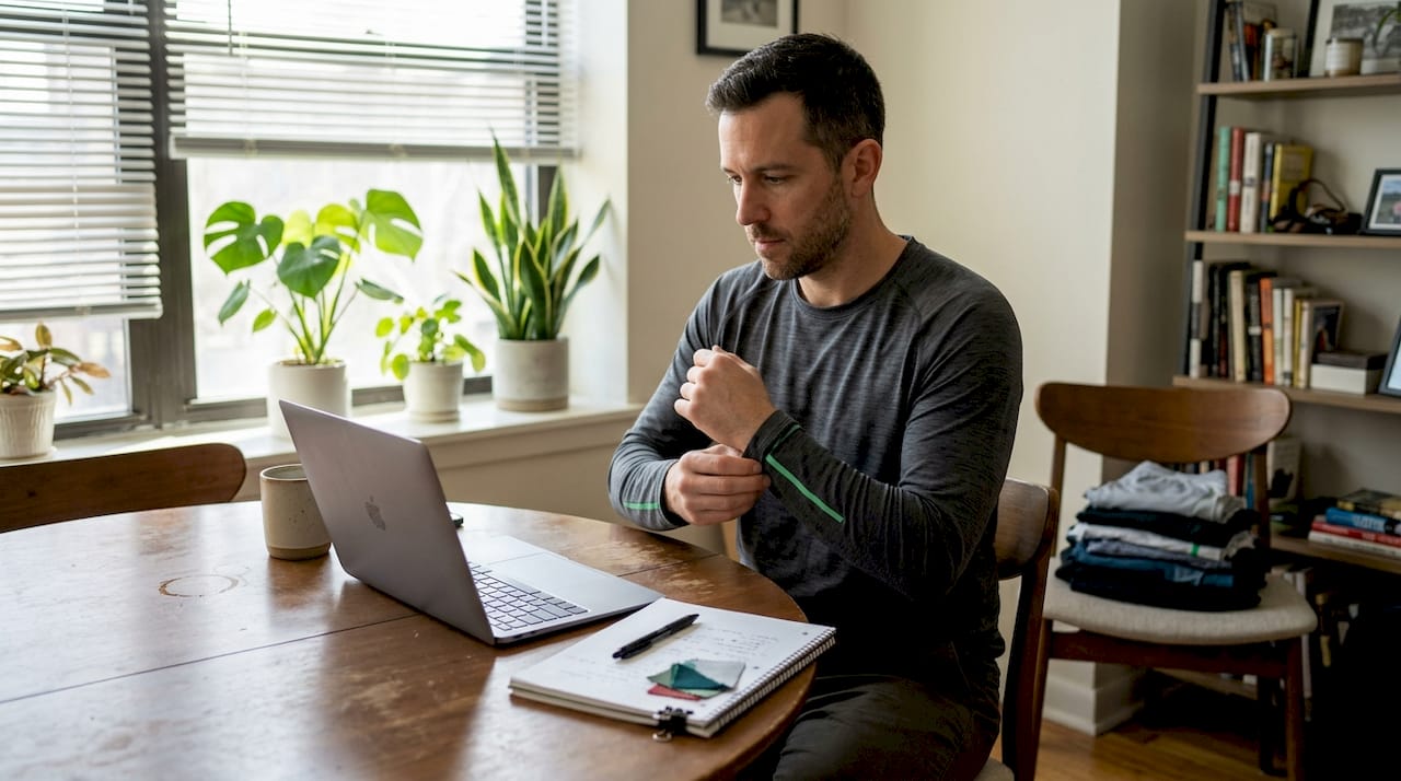 Man reviewing performance fabrics at home