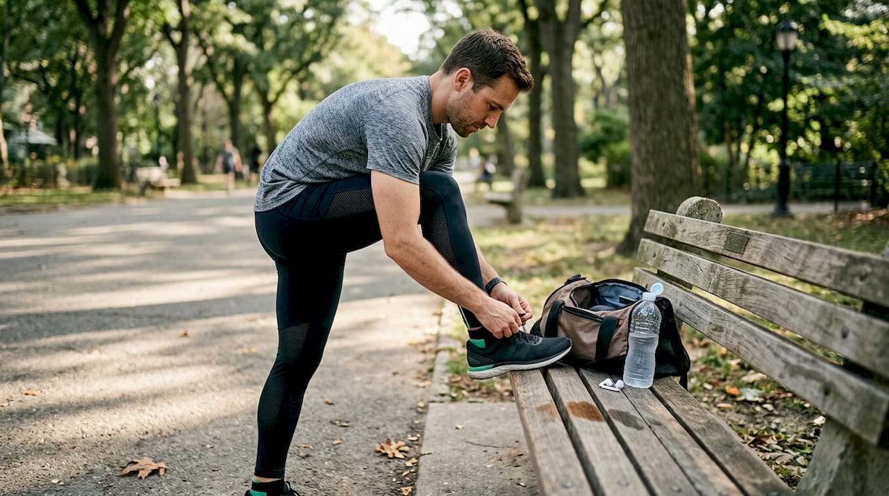 Man prepping in smart activewear at park bench