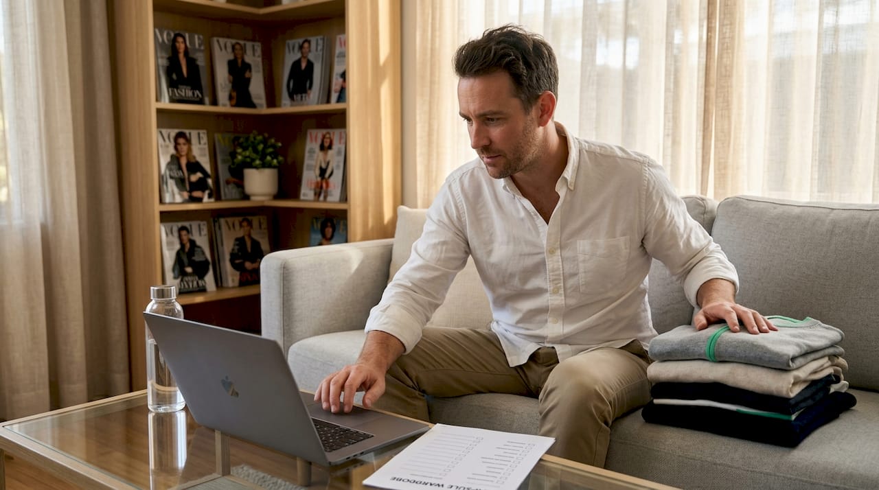 Man evaluating versatile clothing choices at home