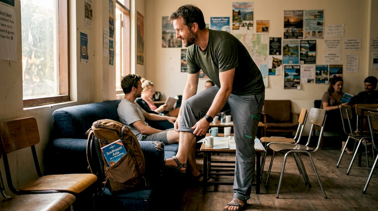 Man adjusting travel pants in hostel lounge