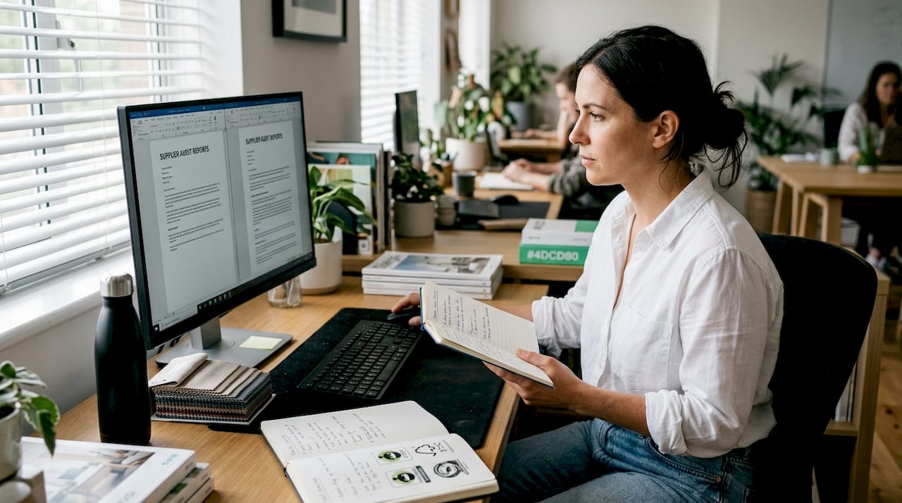 Ethical clothing designer reviewing supplier audits