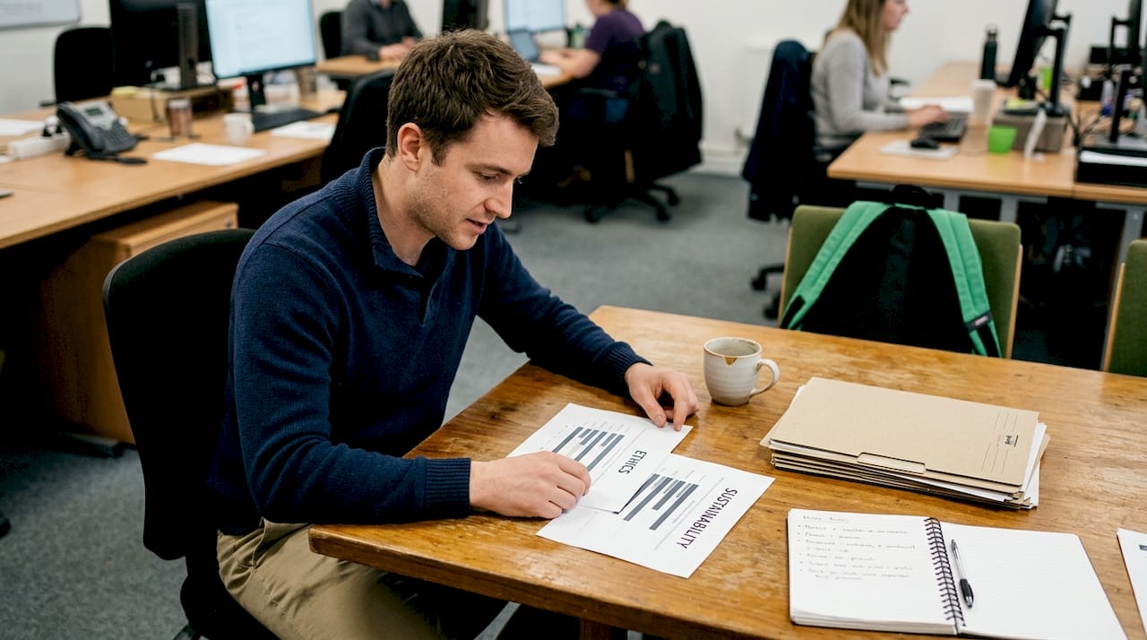 Worker comparing ethical and sustainable principles