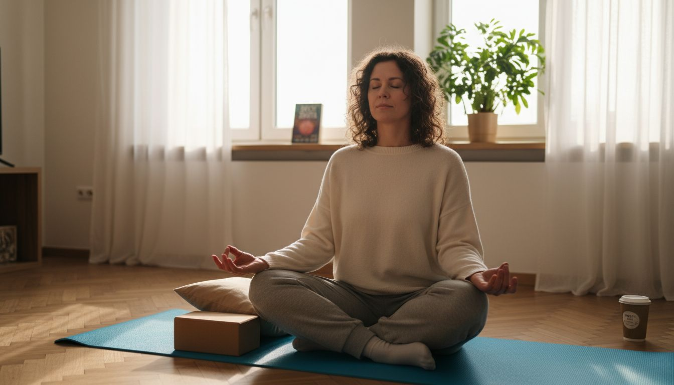 Žena si doma rozložila podložku a věnuje se cvičení jógy.