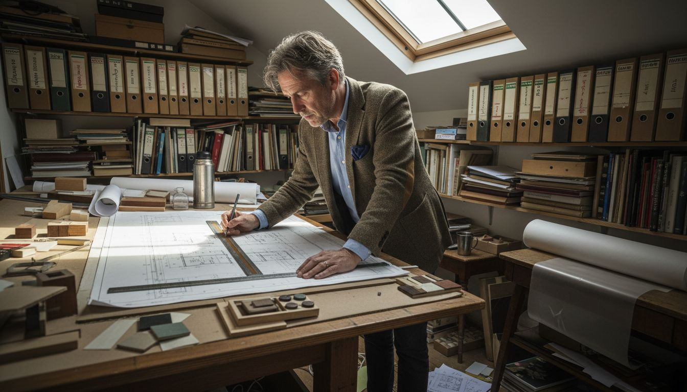 Architect reviewing technical extension drawing details