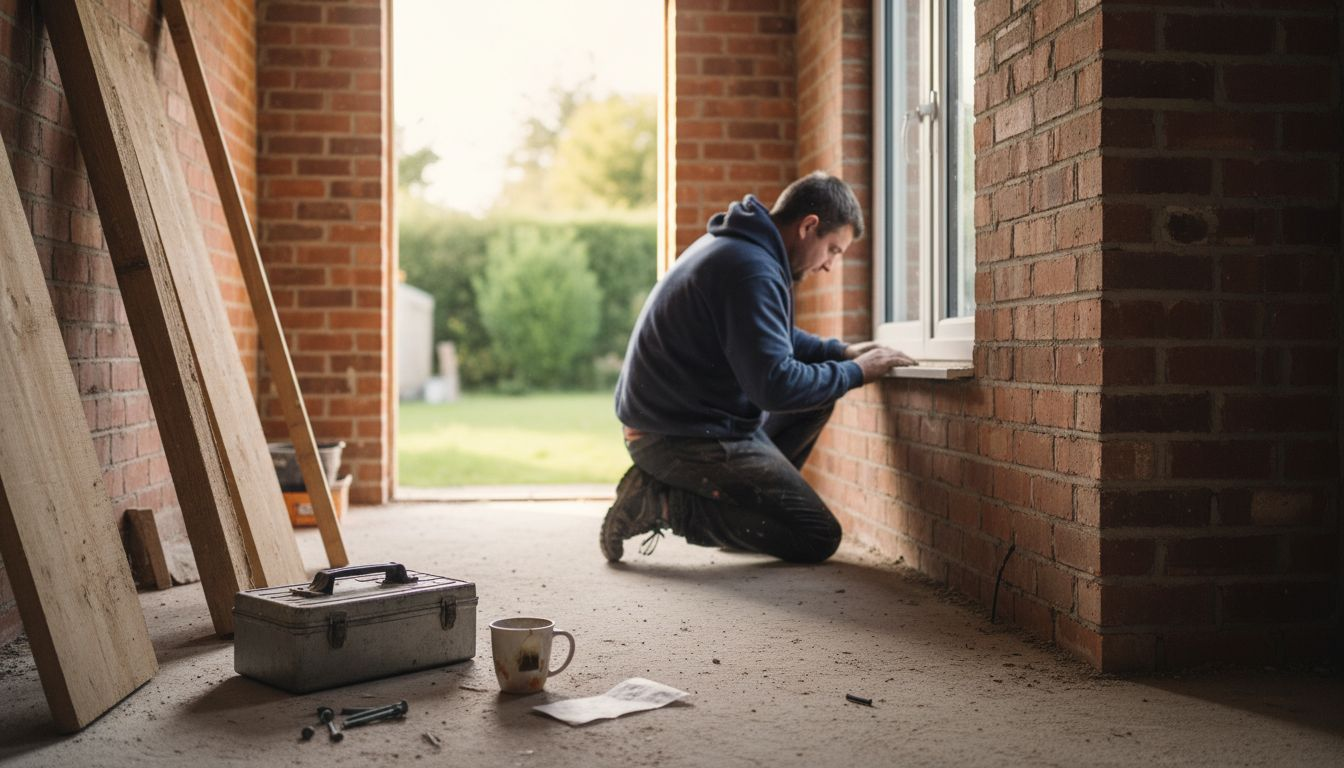 Builder installing kitchen extension window