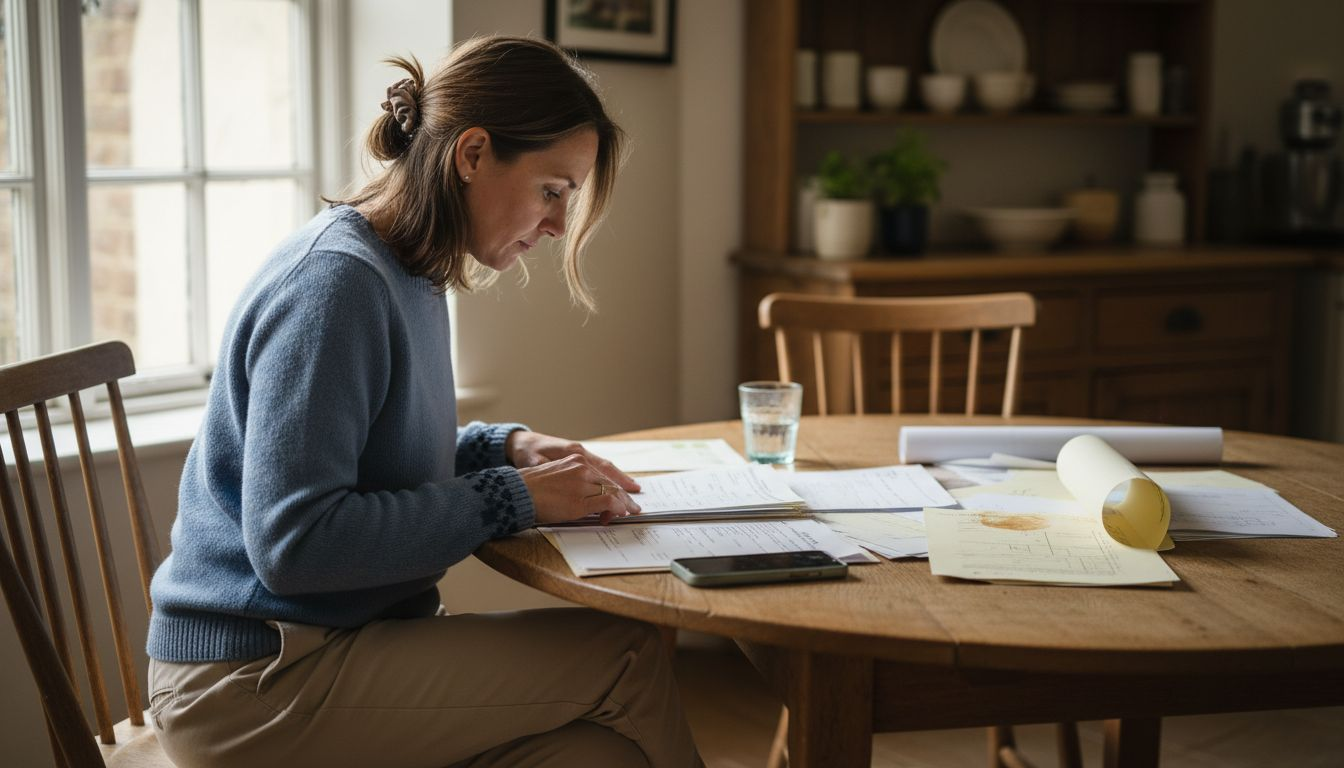 Homeowner sorting extension paperwork at table