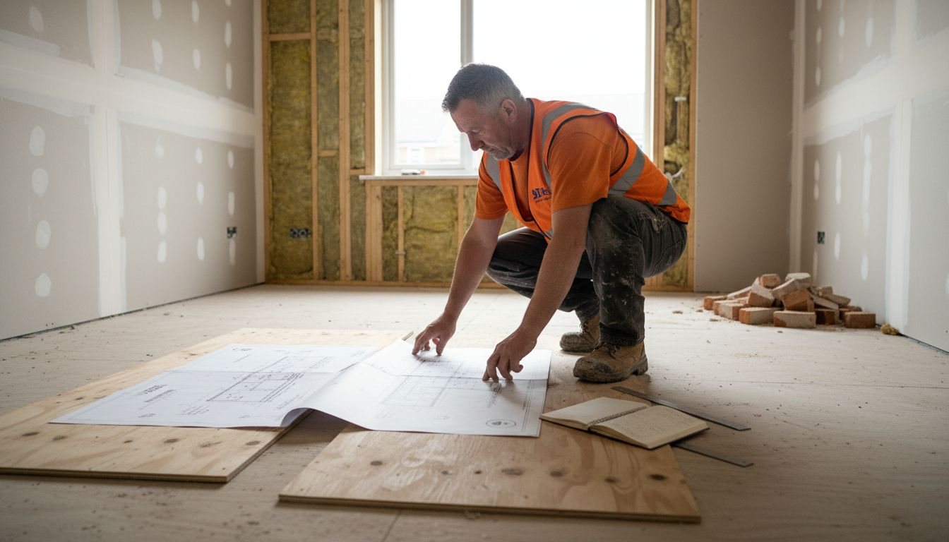 Builder checking technical floor plans on site