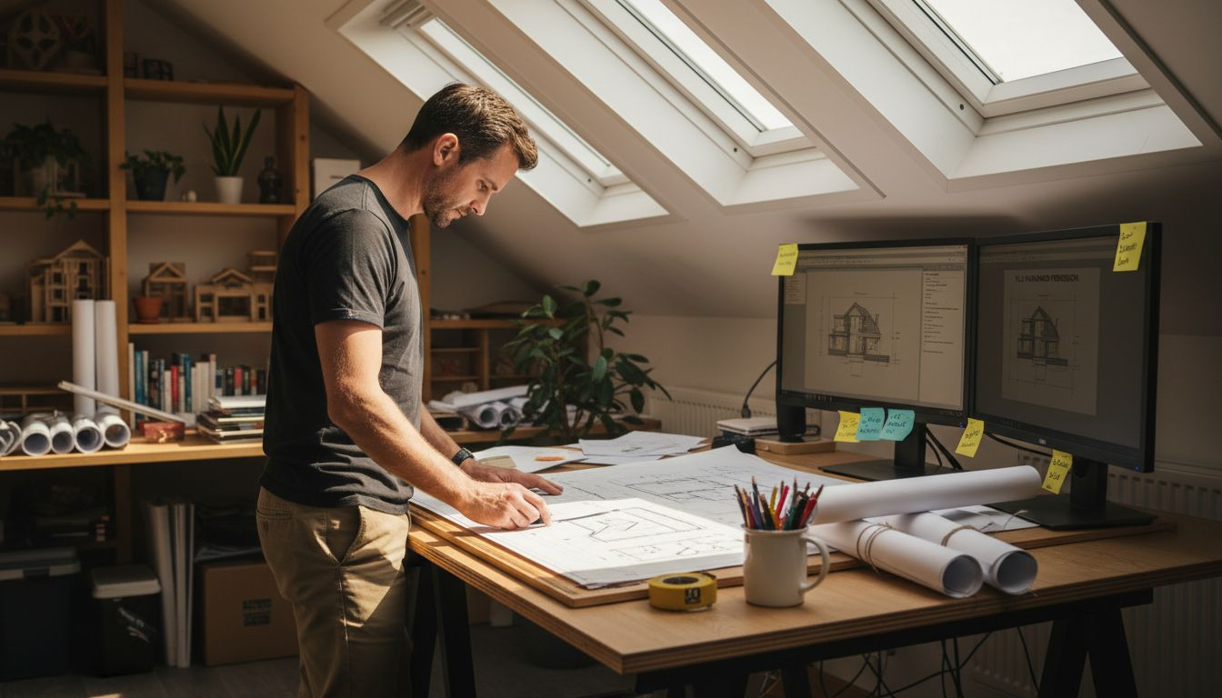 Architect reviewing home extension drawings