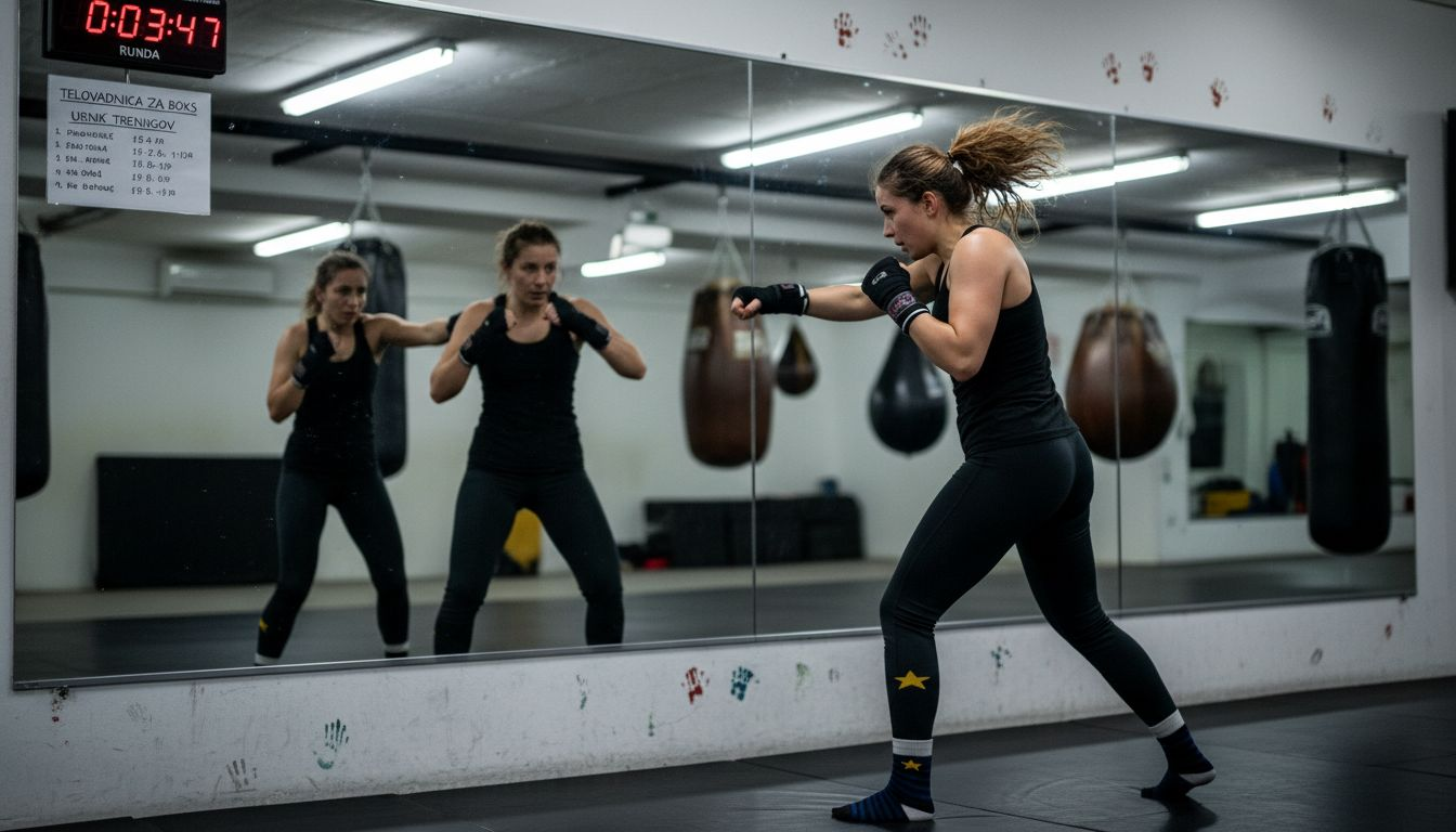 Ženska izpopolnjuje boksarske udarce pred ogledalom v fitnesu.