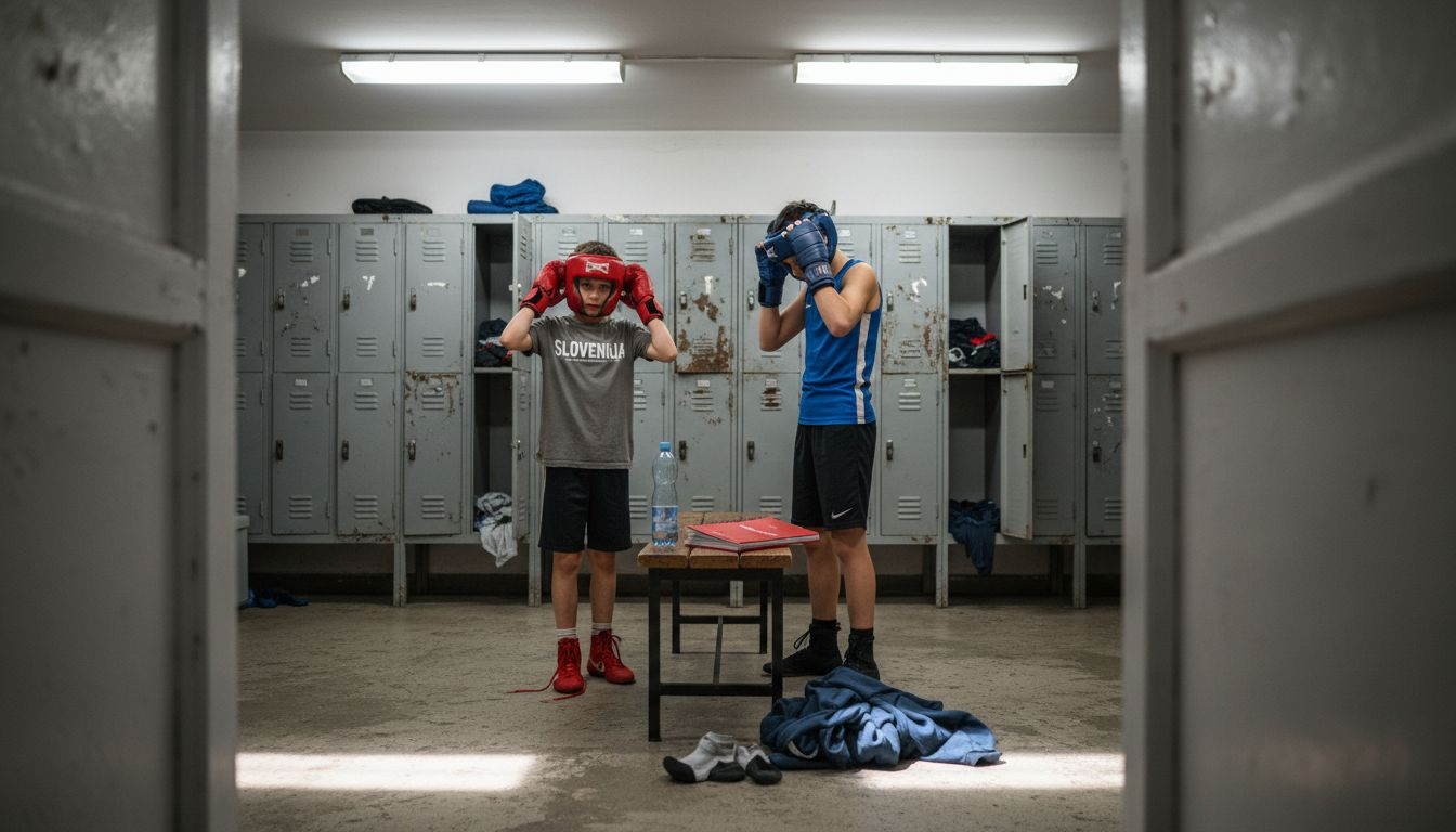 Mladi boksarji si v slačilnici pripravljajo zaščitno opremo pred treningom.