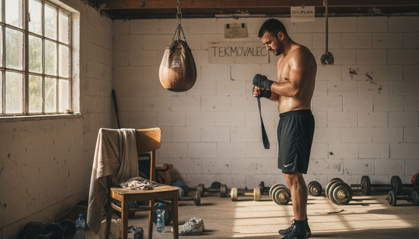 Moški doma pripravlja opremo za vadbo in si ureja svoj domači fitnes.