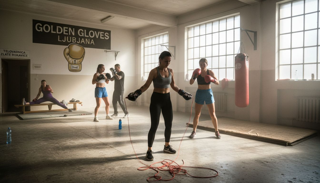 Skupina žensk v boksarski telovadnici izvaja krožni trening, kjer se prepletajo različne vaje za moč, vzdržljivost in hitrost. V energičnem vzdušju se spodbujajo med seboj in premikajo svoje meje.