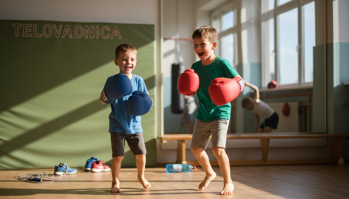 Otroci se v telovadnici zabavajo ob igri, ki je navdihnjena z boksom.