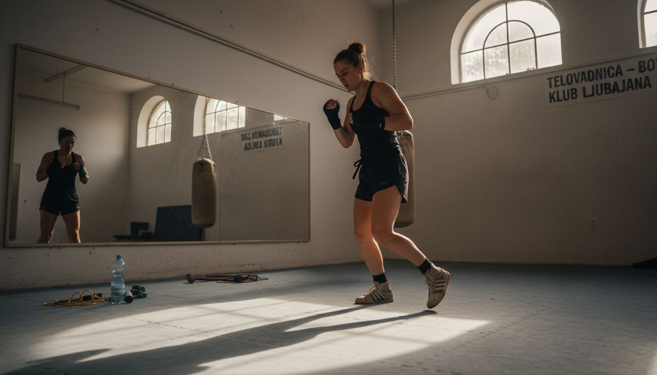 Boksarka izpopolnjuje svojo tehniko v telovadnici.