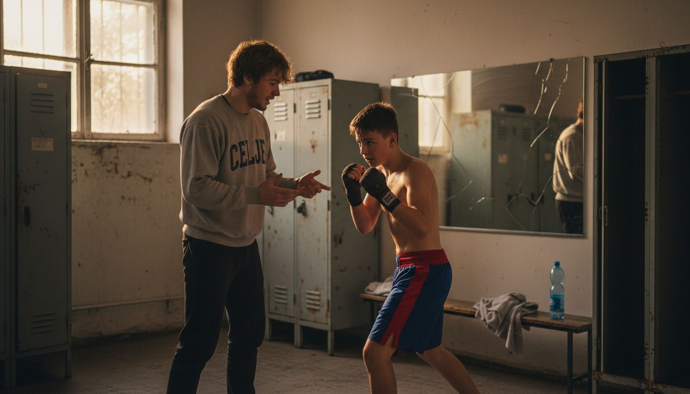 Trener v garderobi daje nasvete mlademu boksarju pred dvobojem.