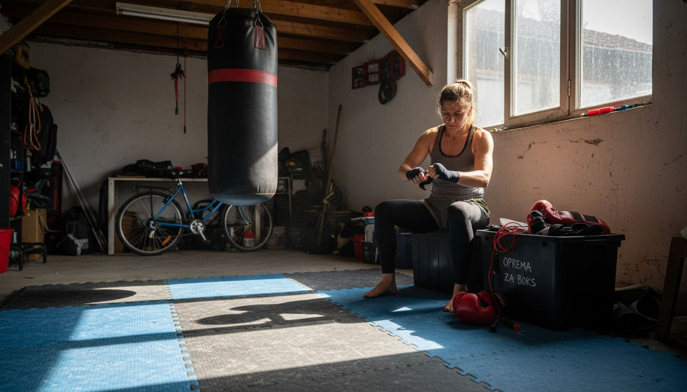 Ženska se v domači garaži pripravlja na boksarski trening.
