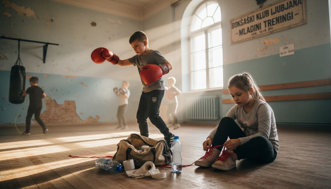 V športni dvorani poteka otroški trening boksa.