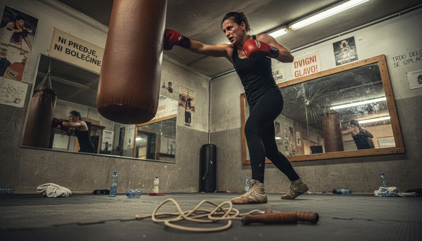Ženska v surovem, nekoliko obrabljenem fitnesu z vso močjo udarja v boksarsko vrečo.