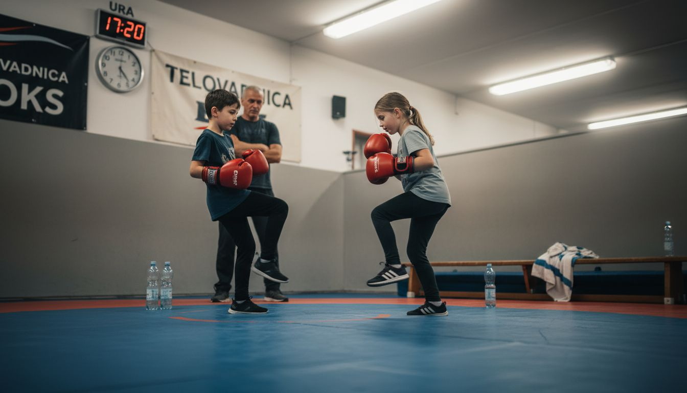 Otroci v telovadnici vadijo boksaške korake in gibanje.