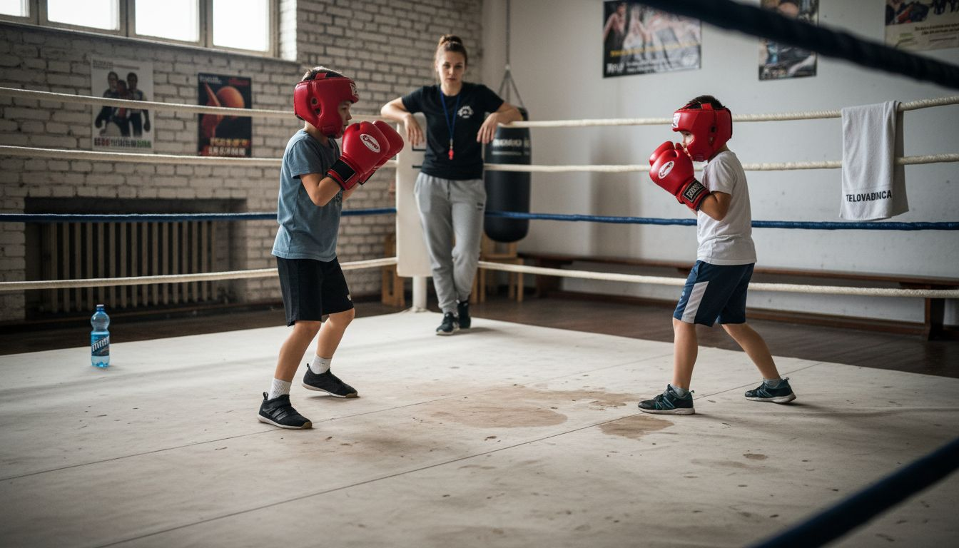 Otroci se pod budnim očesom trenerja varno preizkušajo v sparingu v telovadnici.