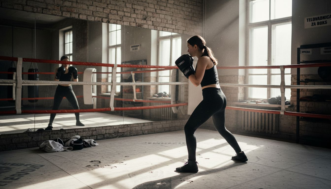 Mladi boksar vadi obrambni gard in izpopolnjuje svojo tehniko.