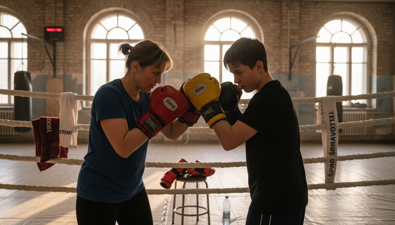 Trener prikazuje učencu, kako se pravilno brani v boksu.