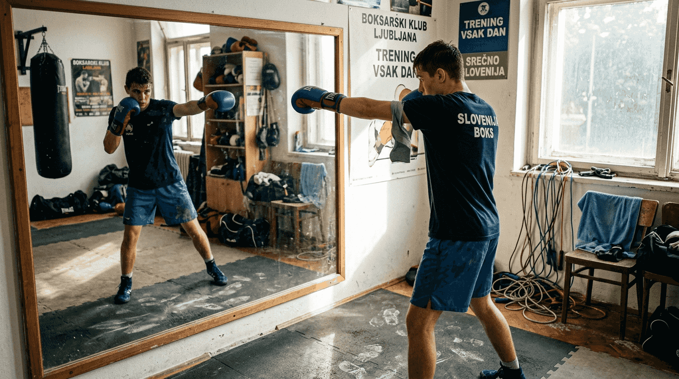Mladi športnik vadi udarec z iztegnjeno pestjo.