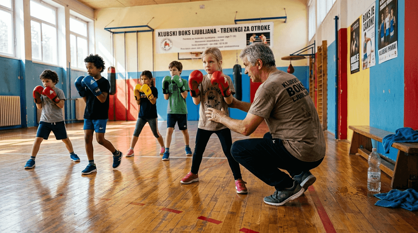 Otroci pod vodstvom trenerja spoznavajo osnove boksa.