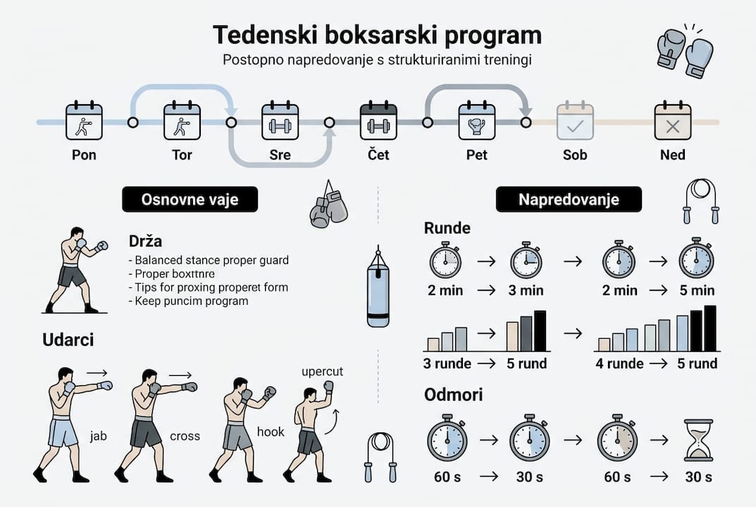 Vizualni prikaz tedenske boksarske vadbe za domačo uporabo