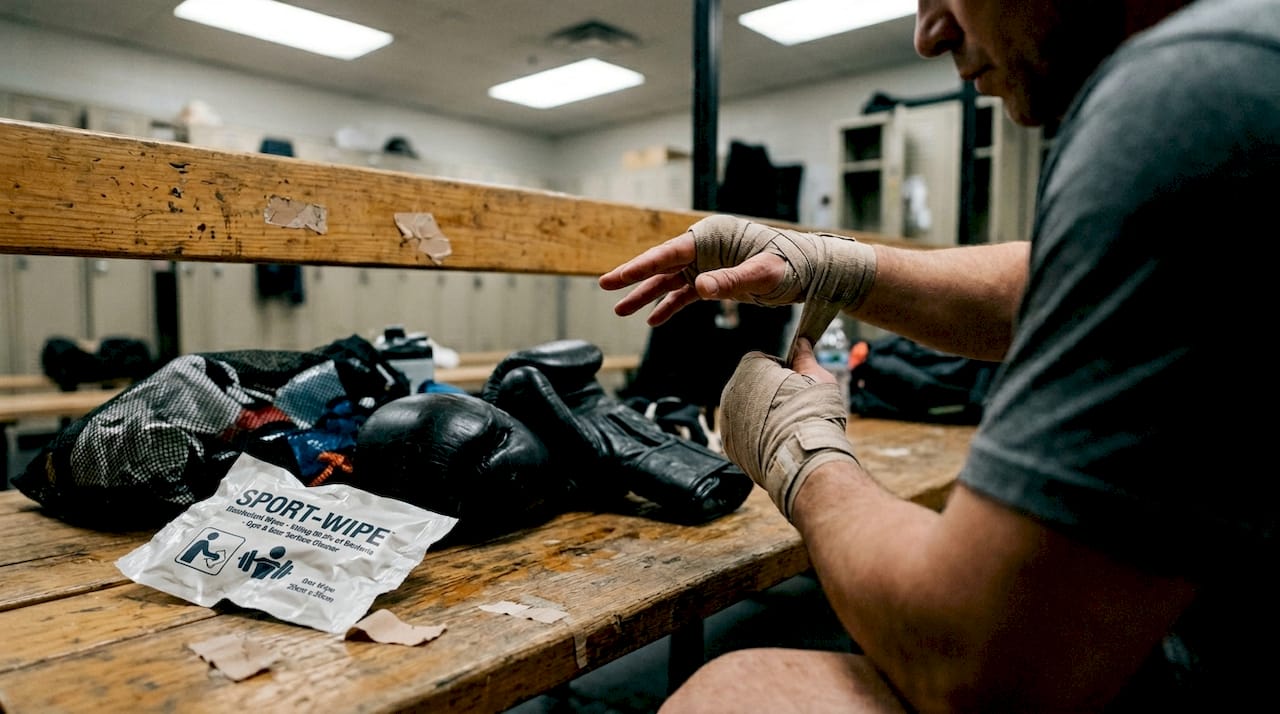 Pogled od blizu na roke, ki si zavijajo boksarske povoje.