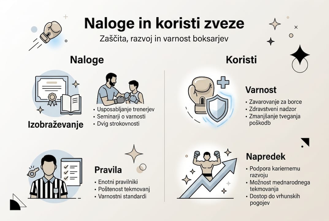 Pregled ključnih nalog in prednosti slovenske boksarske zveze v infografiki