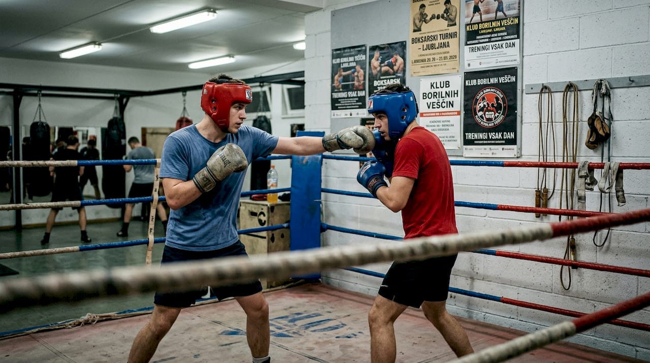 V boksarskem klubu se rekreativci preizkušajo v sparingu in izpopolnjujejo svoje tehnike.
