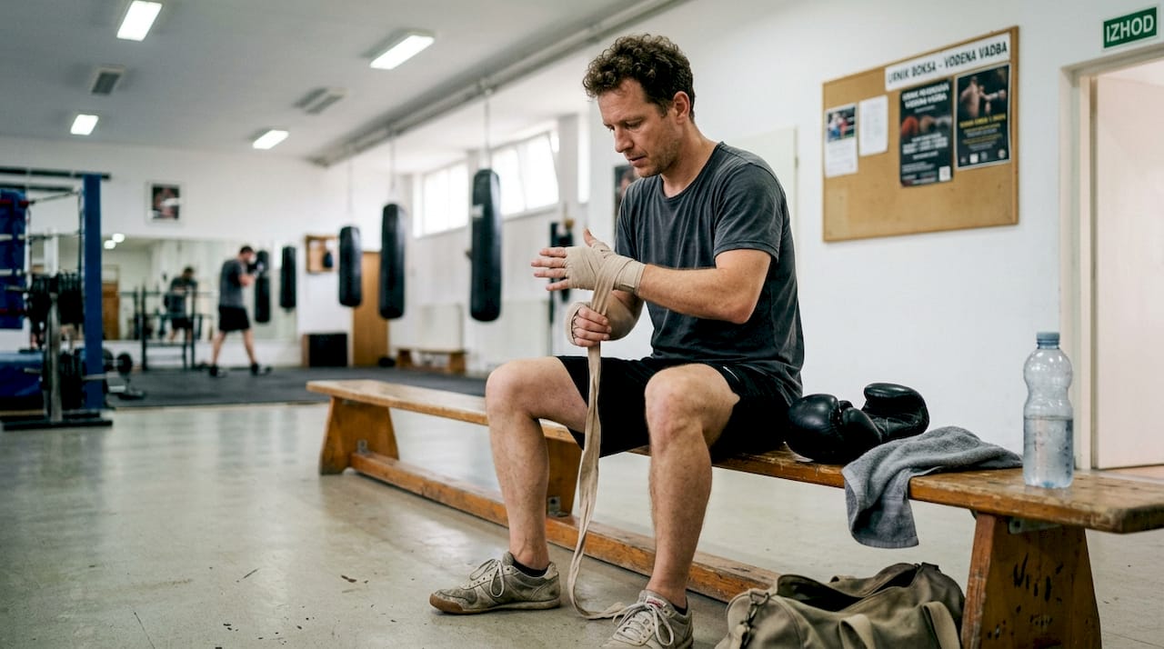 Moški v lokalni telovadnici si pripravlja roke za boks – zavija si zapestja in se osredotoča na trening.