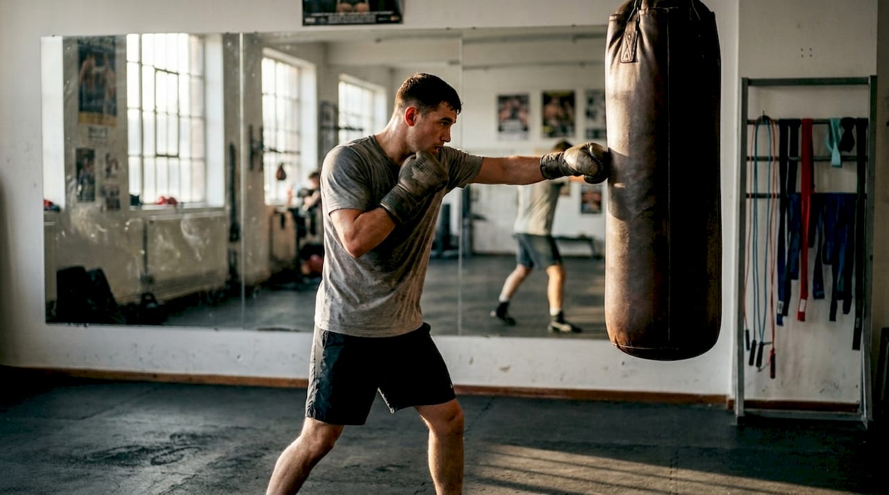 Boksar v telovadnici pilí tehnične udarce.