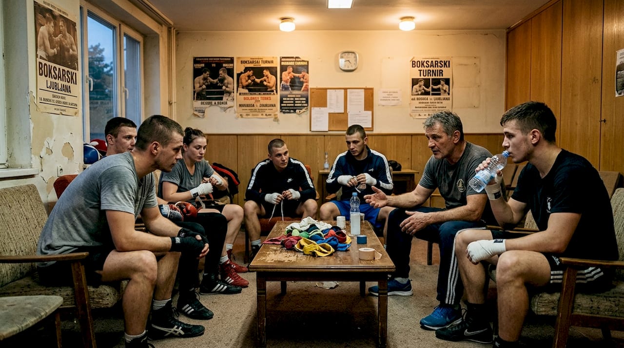 Boksarji ob sproščenem klepetu v klubski sobi