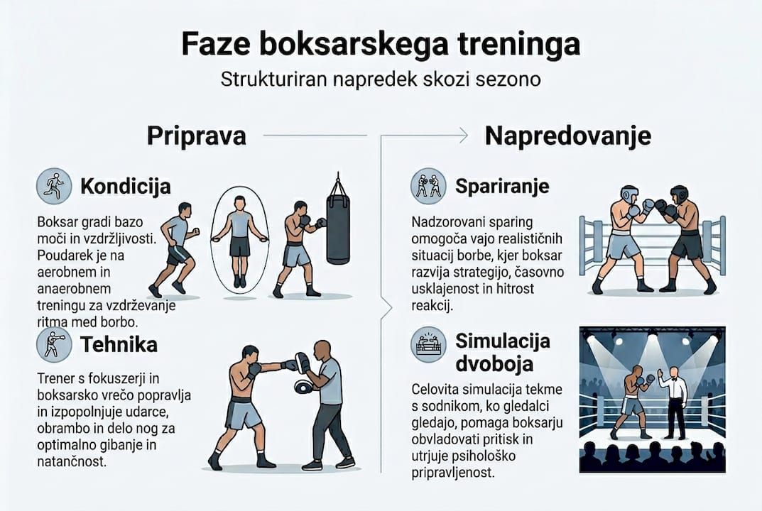 Na infografiki so prikazani ključni koraki boksarskega treninga.
