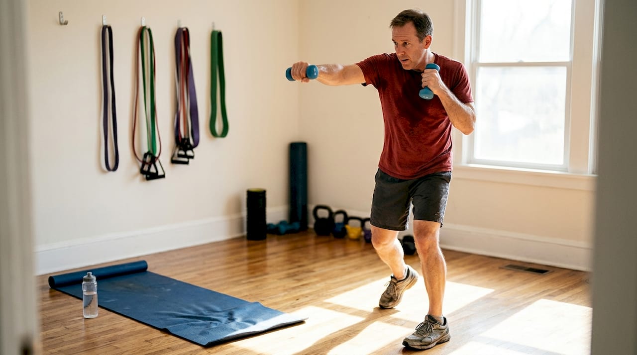 Moški doma trenira borbene gibe z ročkami, kot da bi boksal v senci.