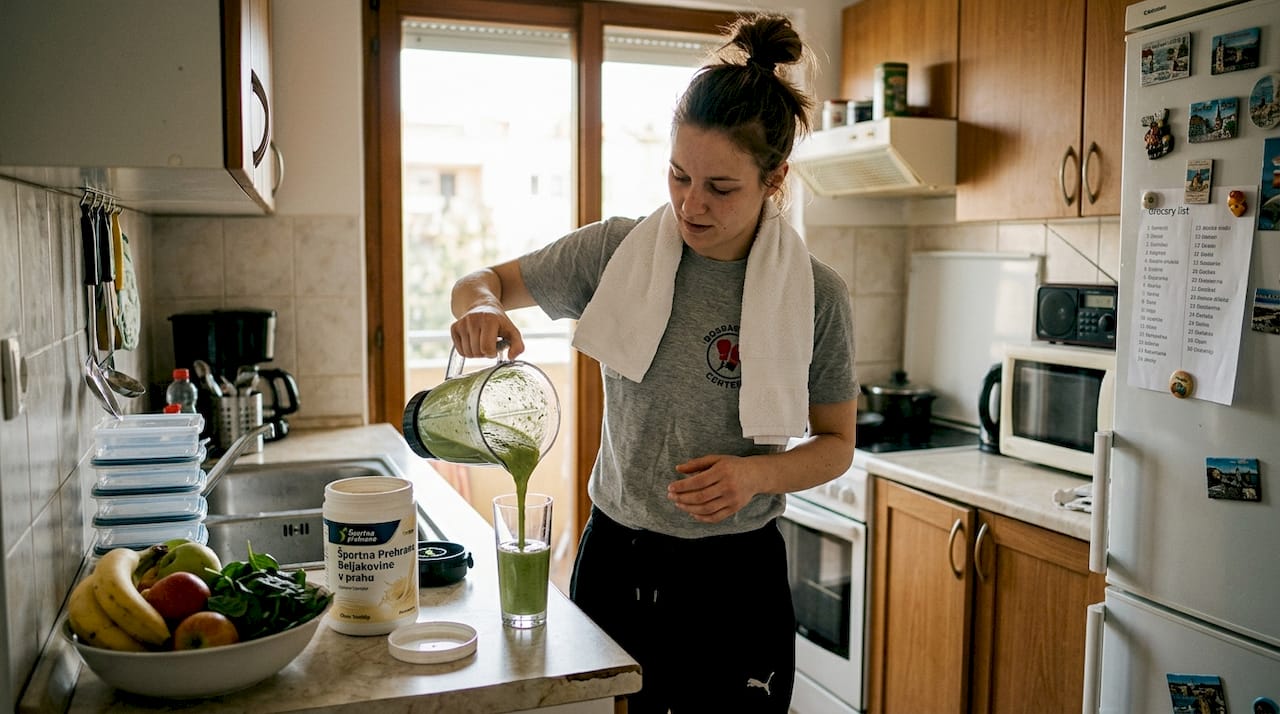 Boksar si po treningu v domači kuhinji pripravlja svež smuti, da si povrne energijo.