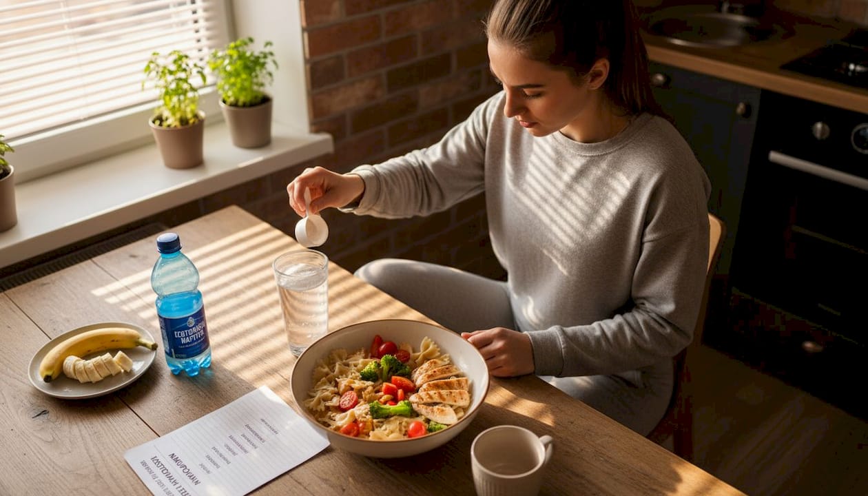 Športnik si po boksarskem treningu pripravlja obrok za regeneracijo.