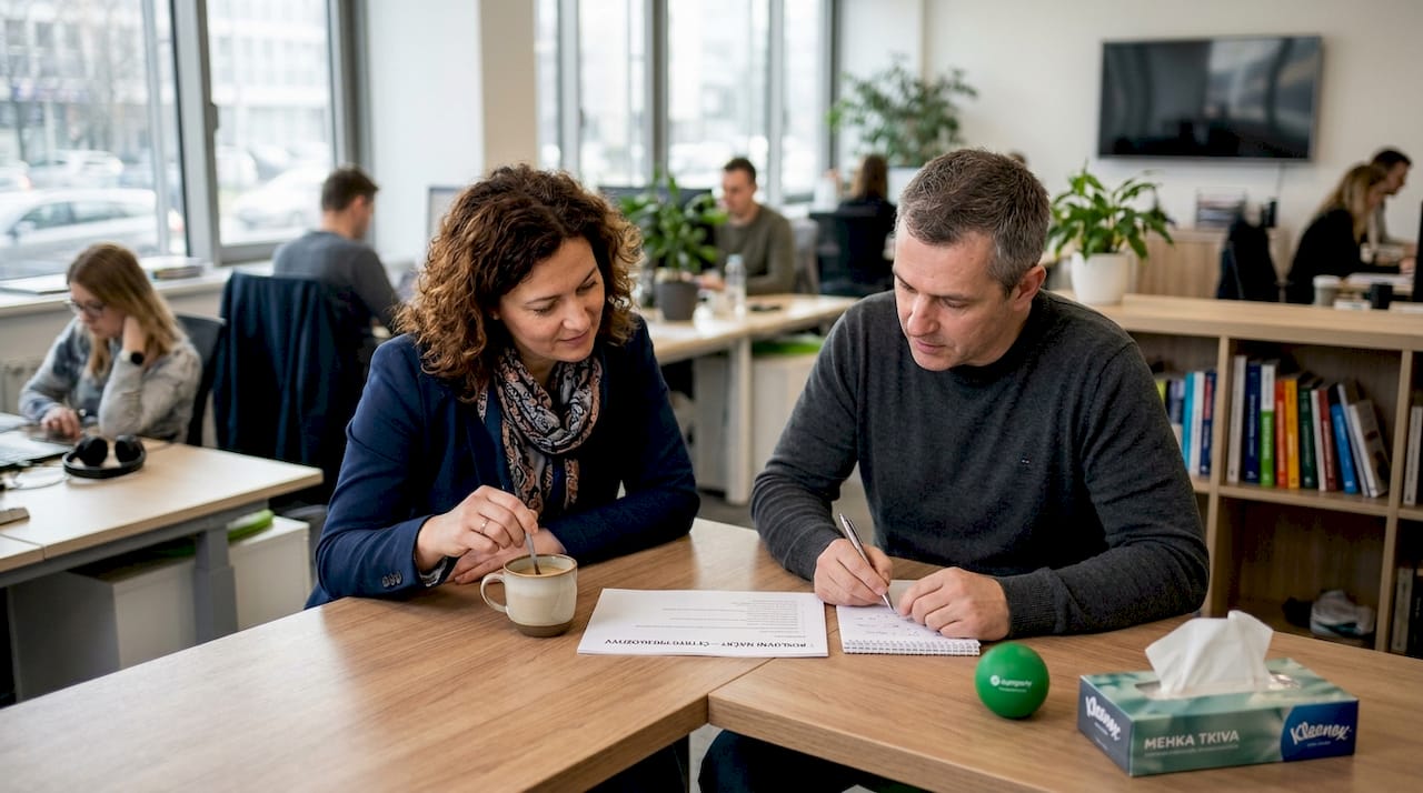 Dva sodelavca se pogovarjata o vplivu psihosocialnih dejavnikov na delovno okolje.