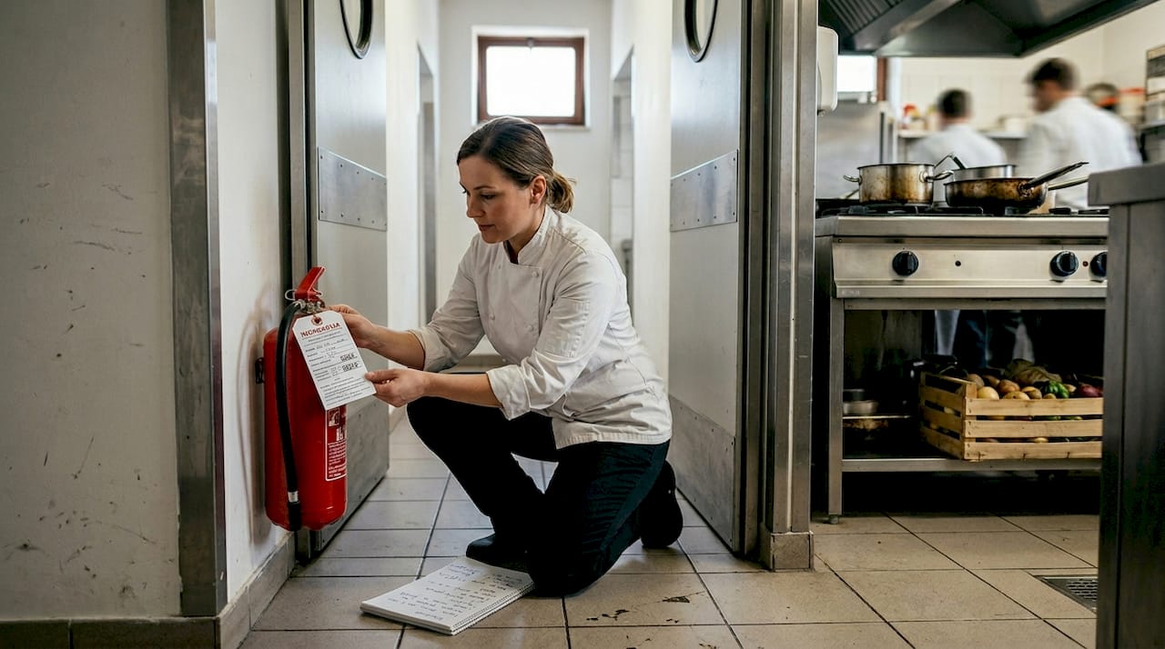 Vodja preverja, ali je gasilni aparat v kuhinji pravilno nameščen in pripravljen za uporabo.