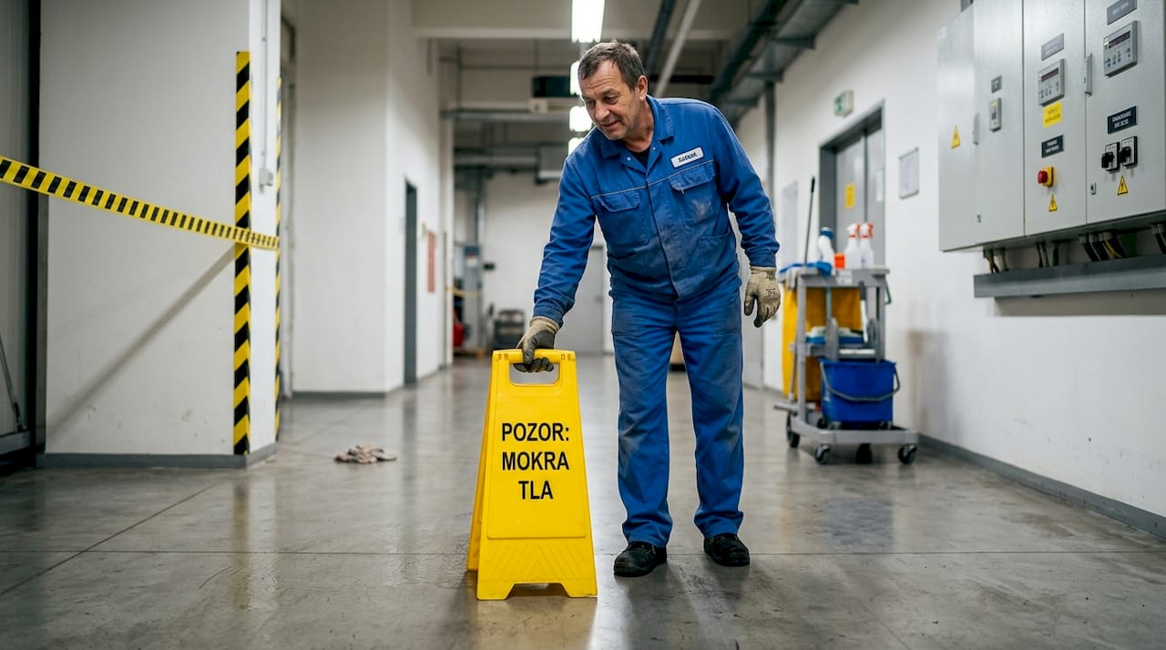Delavec postavlja opozorilni znak za mokra tla na hodniku v tovarni.