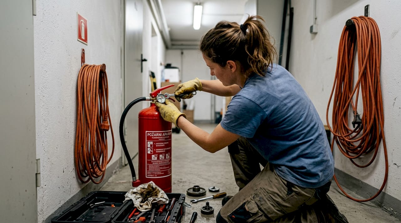 Serviser pregleda in vzdržuje stenski gasilni aparat.