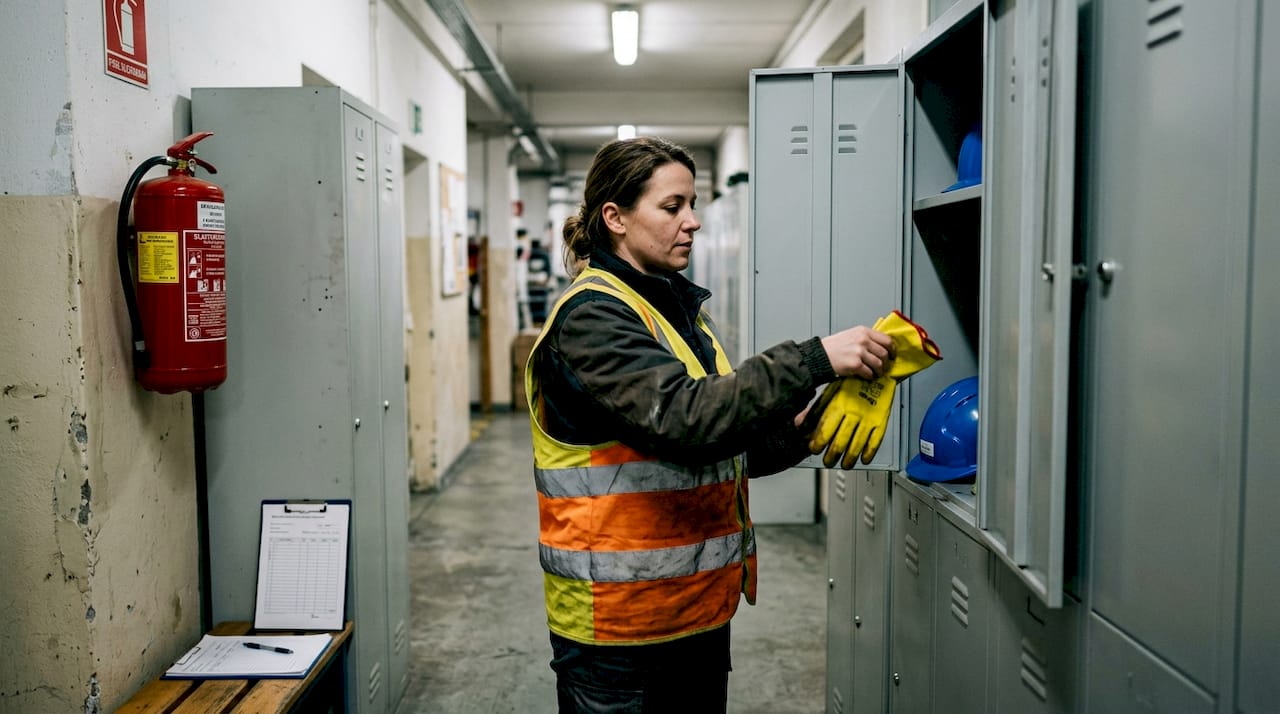 Delavec pred začetkom izmene vzame zaščitno opremo iz omarice.