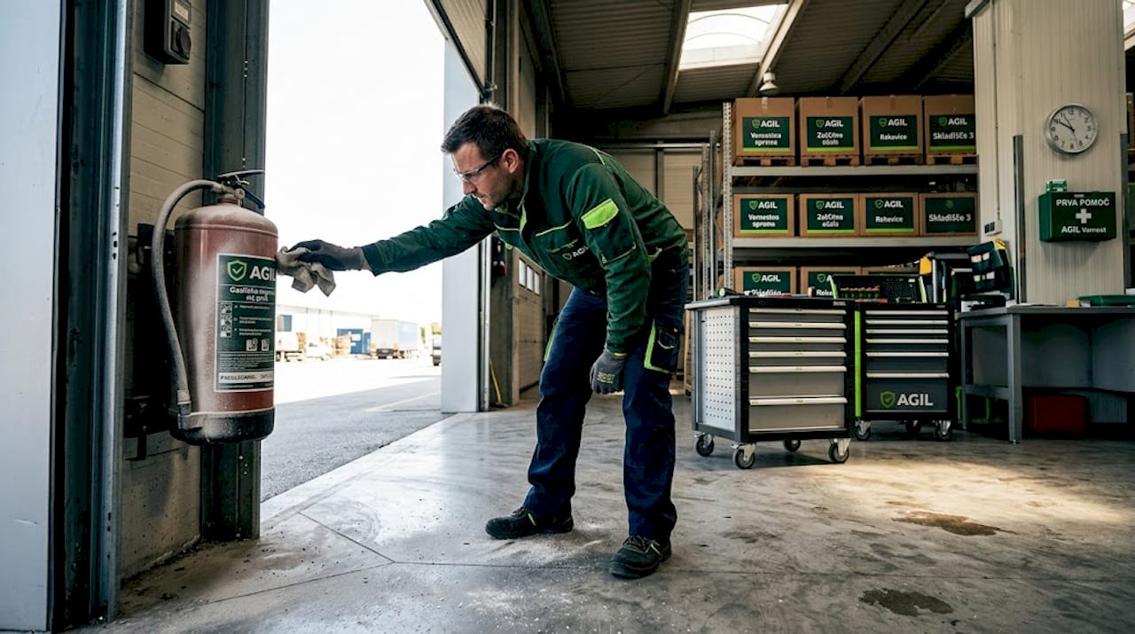 V industrijski hali poteka redni servis gasilnika, ki ga opravlja zaposlenec.
