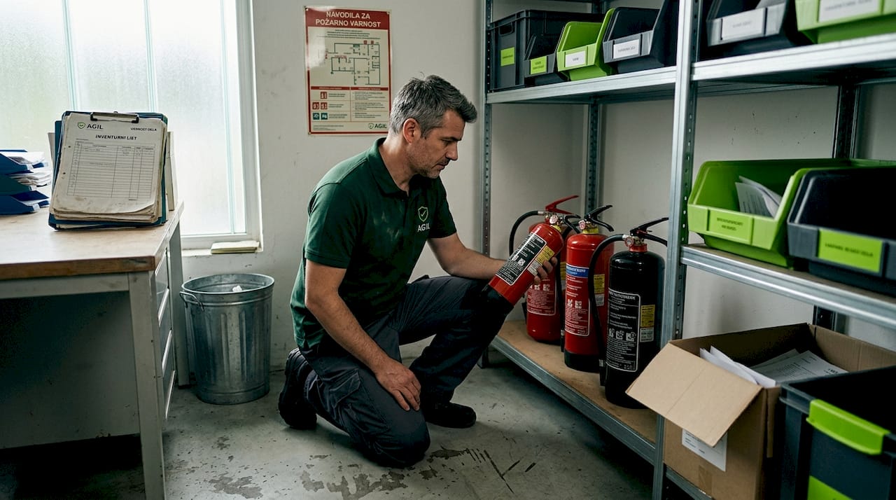 Serviser preverja različne vrste gasilnikov.