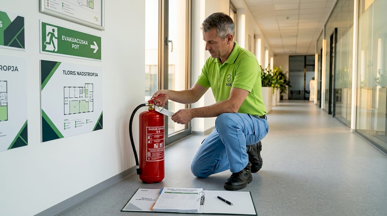 Nadzornik preverja gasilni aparat v pisarni.